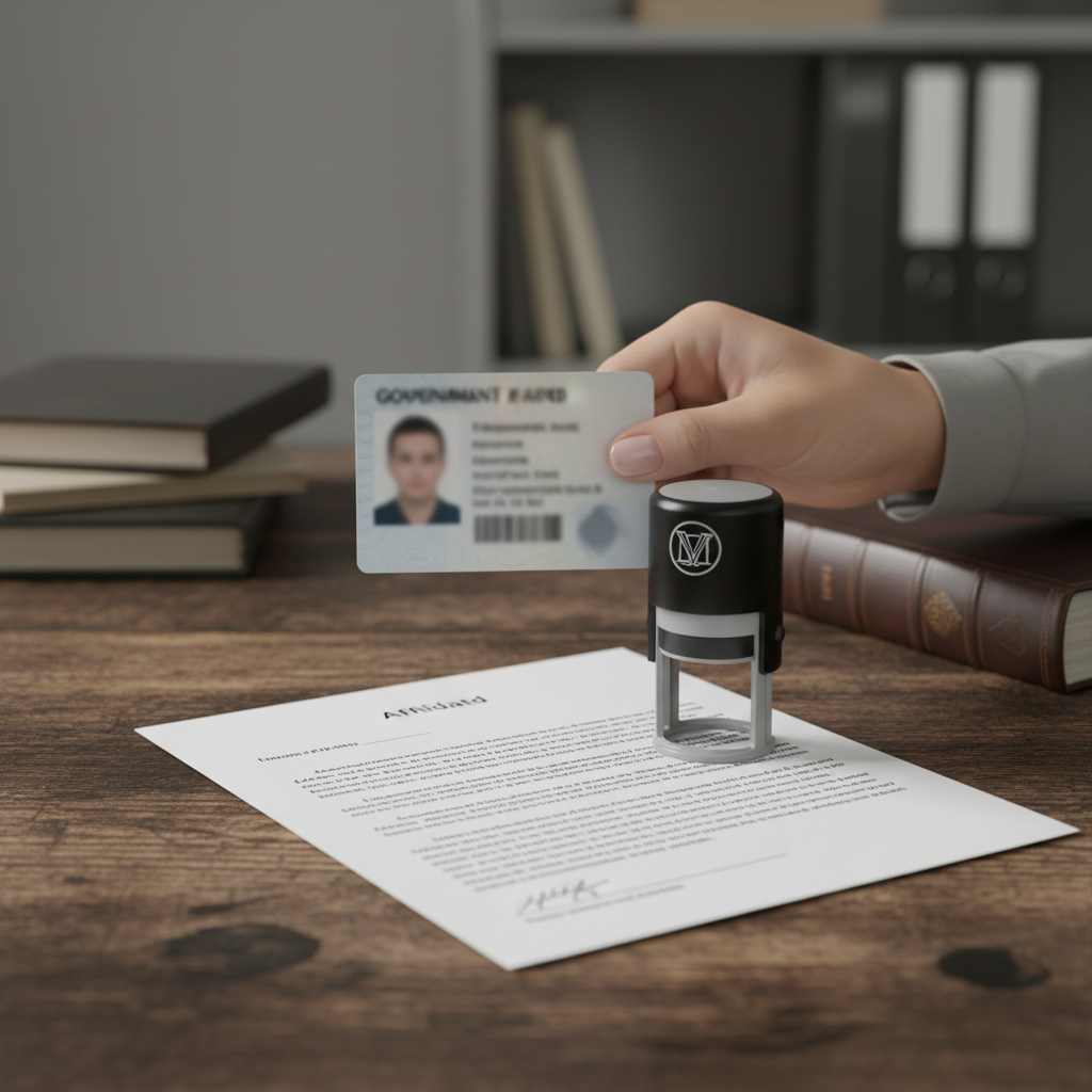 Close-up of ID check and affidavit beside a stamp during a commissioner of oath appointment in Etobicoke