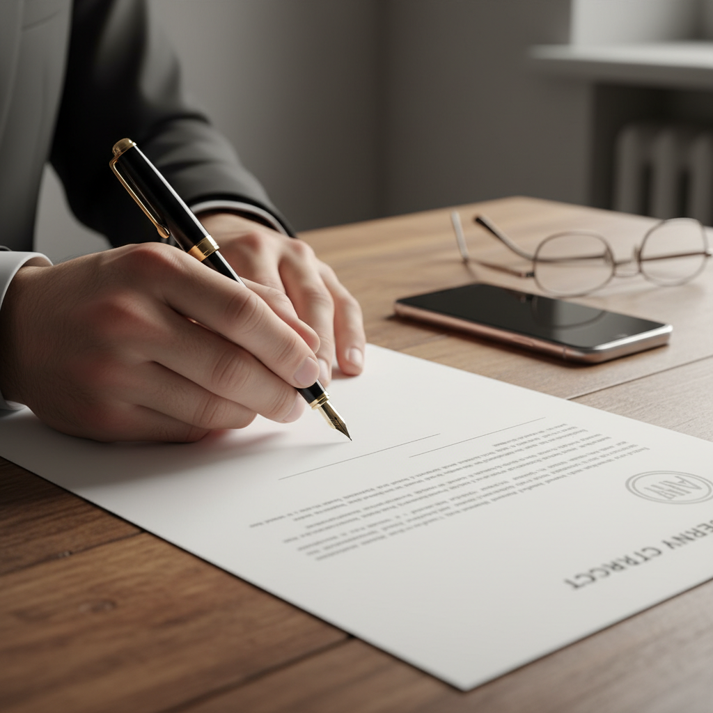 Close-up of hands signing a Toronto commercial contract, illustrating business law compliance steps