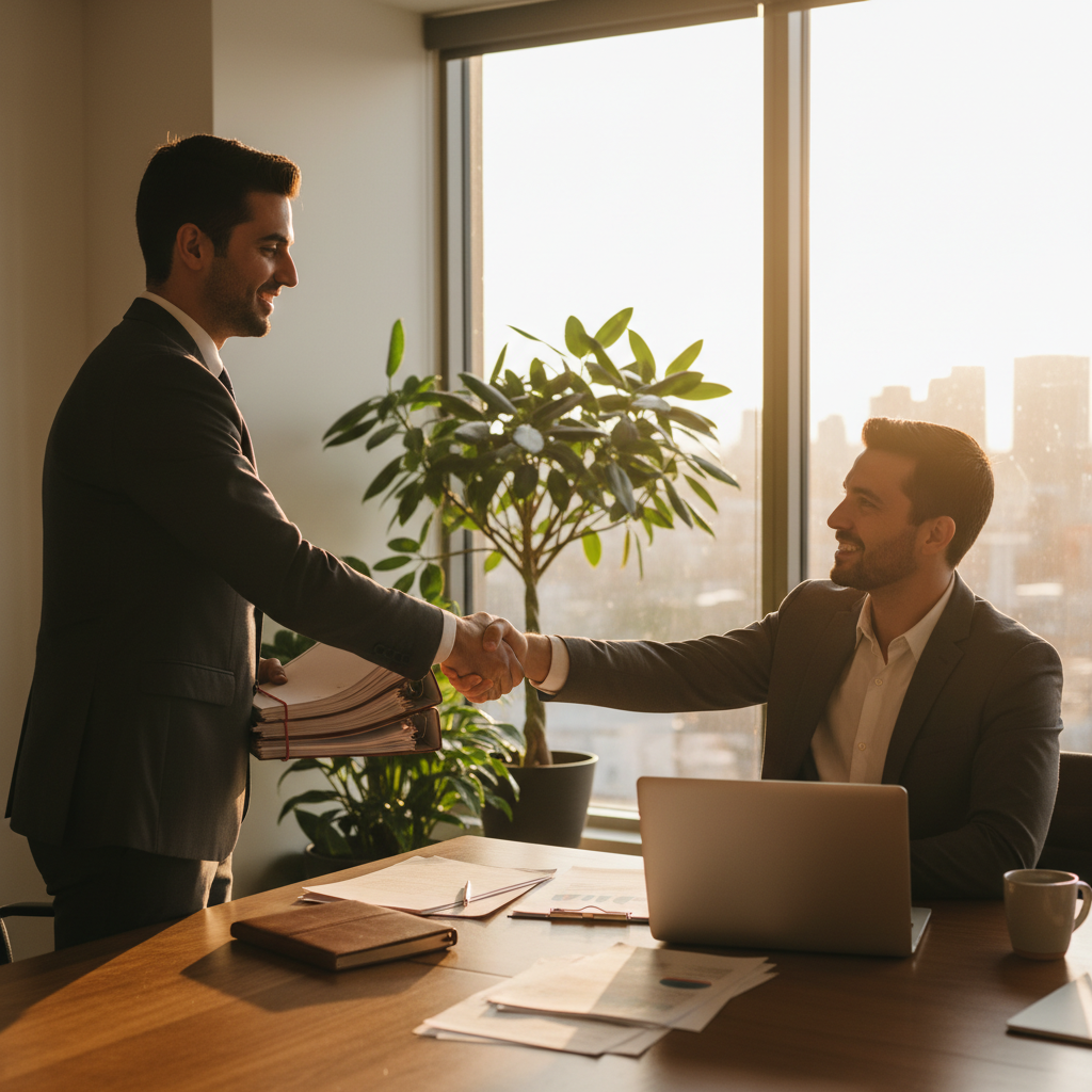Etobicoke business law consultation scene with lawyer and entrepreneur shaking hands at a desk