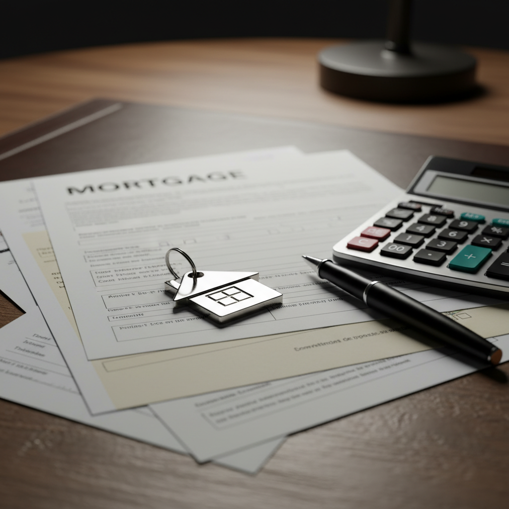 Mortgage paperwork close-up with keys, pen, and calculator illustrating features of investment property loans and loan structuring