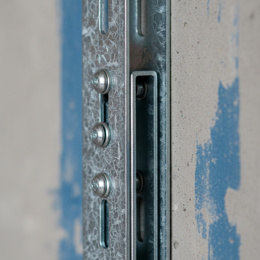 Close-up of slotted deflection track and C-stud connection used in steel studwork, showing galvanized finish and fasteners