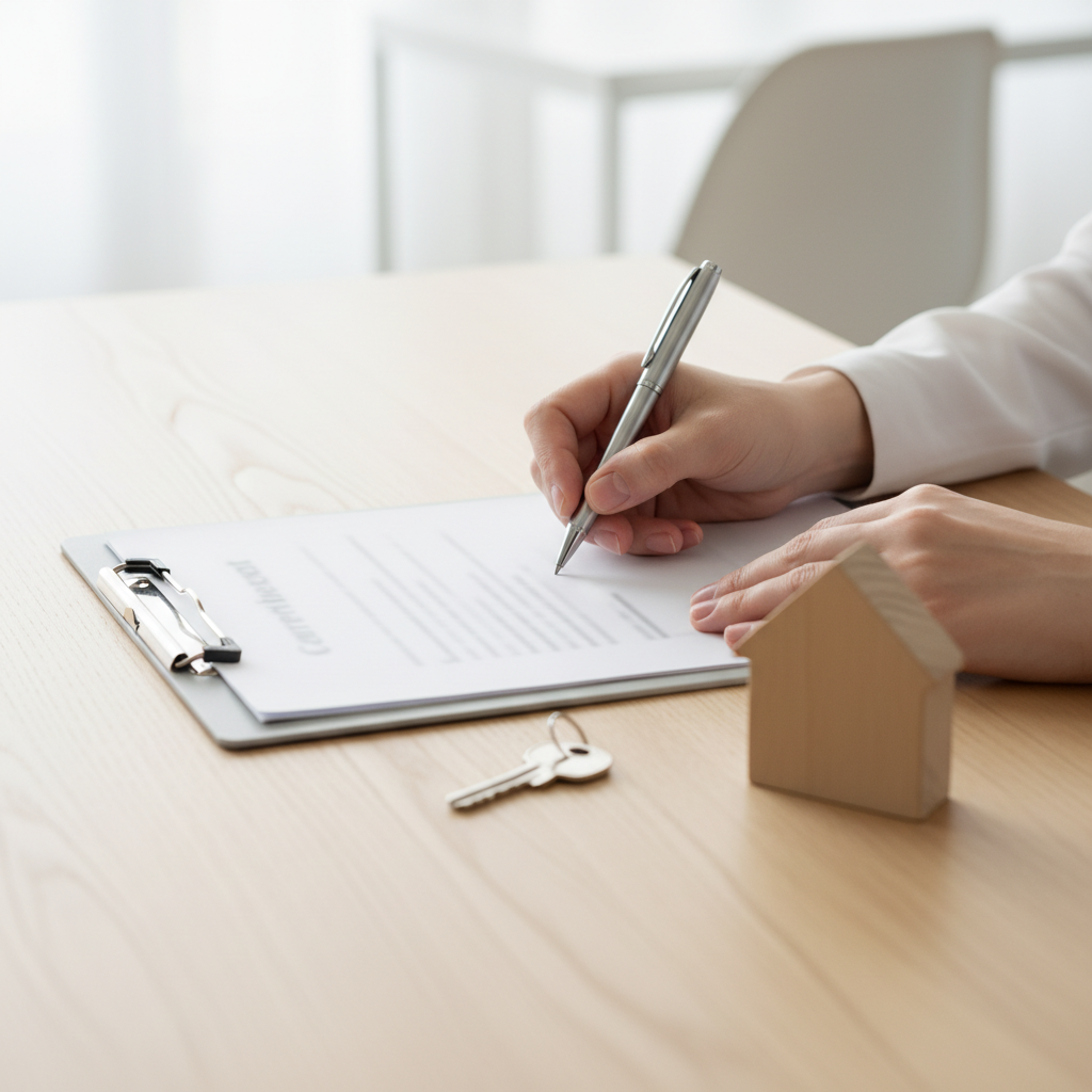 Close-up of a buyer signing a purchase agreement with keys nearby, illustrating Brampton offer strategy for buyers and document readiness