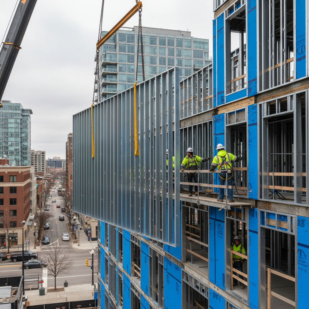 Exterior light-gauge steel framing panel being positioned on a mid-rise facade, illustrating structural studwork methods