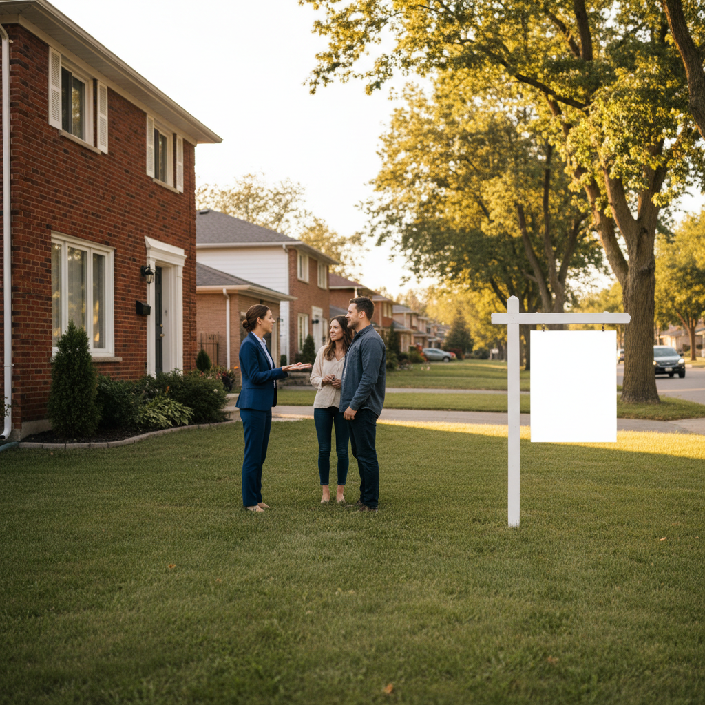 Brampton detached home showing a realtor presenting the property to buyers, highlighting neighborhood context for a winning offer plan