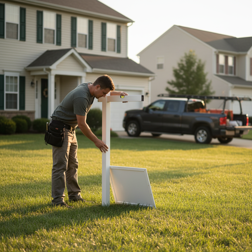 Technician installing a For Sale sign post at a suburban home, showing alignment and on-site quality control for realtor signage