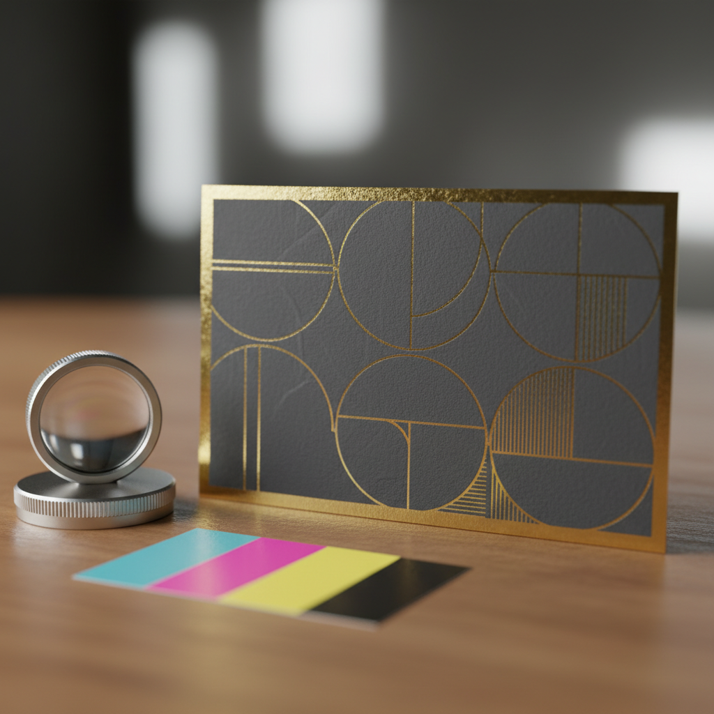 Luxury business card close-up with raised spot UV and gold foil edge, illustrating premium finishes realtors use to stand out