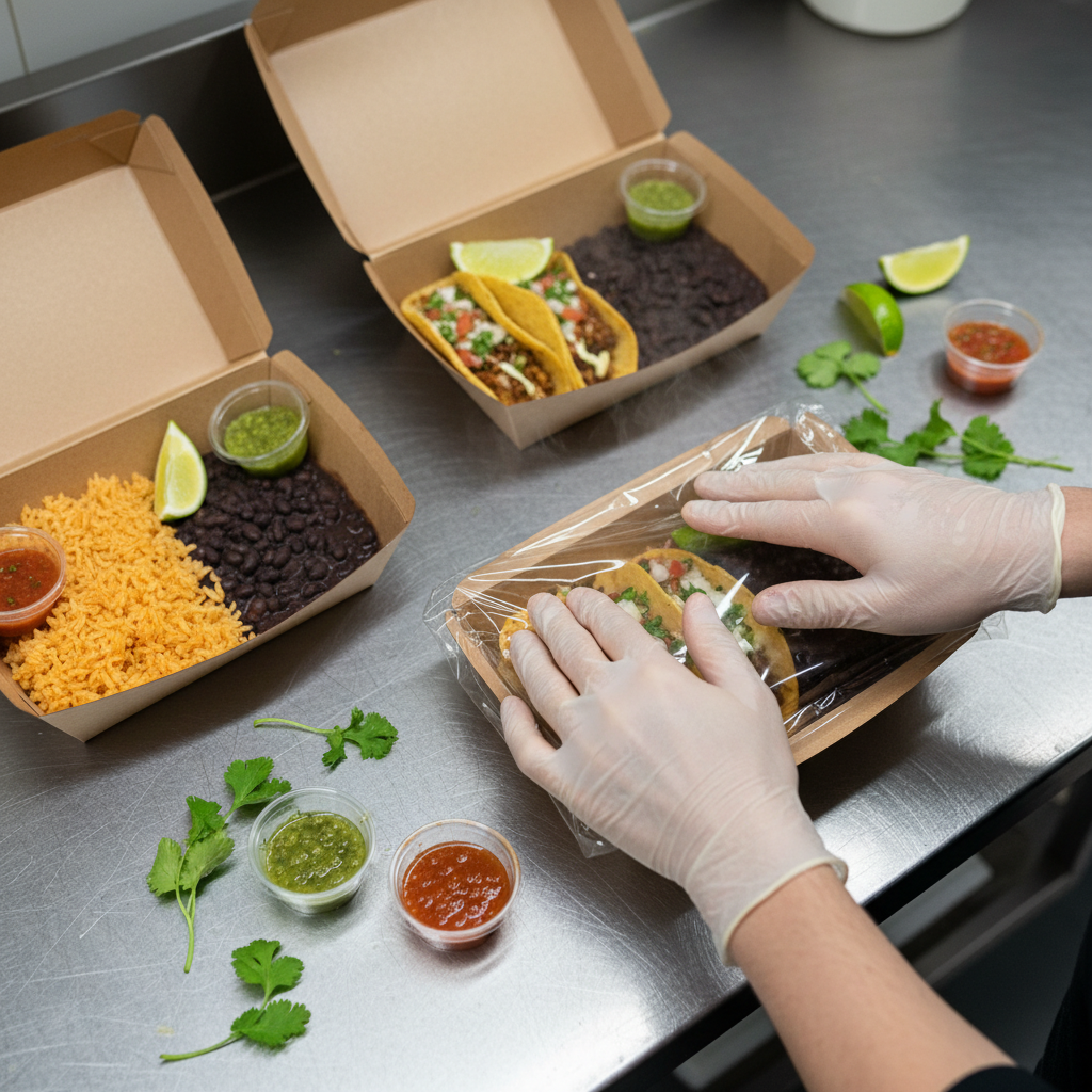 Close-up of Mexican takeout containers being sealed for restaurant pickup: tacos, rice, beans, salsa cups, limes, and cilantro on a prep table