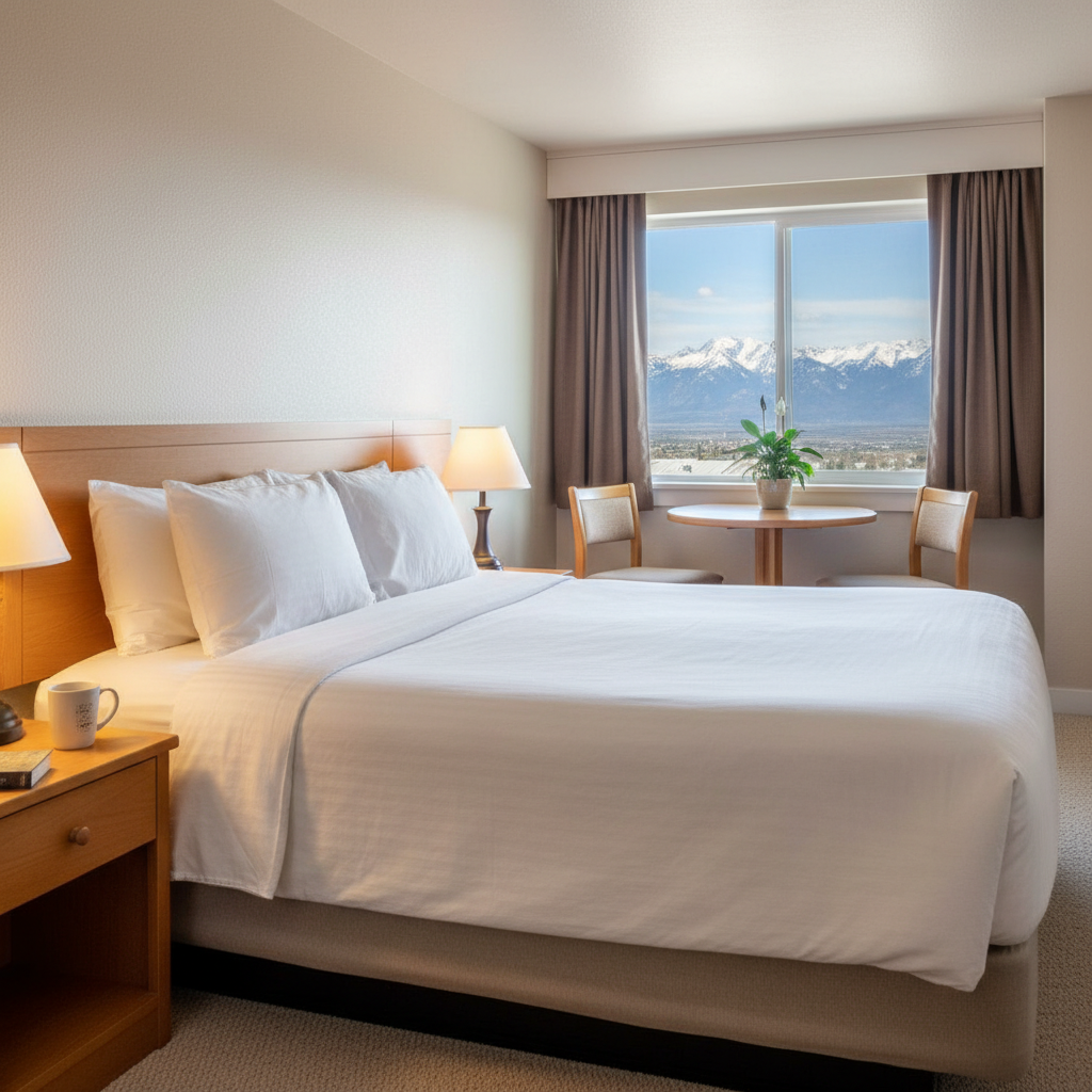 Cozy budget motel room interior with crisp white linens and mountain-view window in North Conway