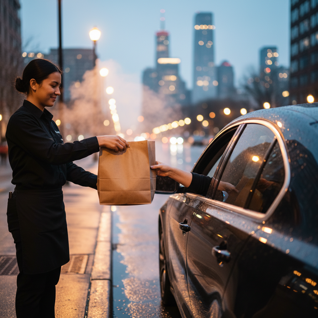 Curbside restaurant pickup at dusk with a staff member handing a brown takeout bag through a car window in Toronto