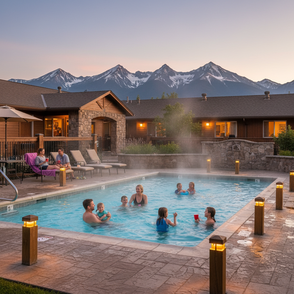 Guests enjoying an outdoor heated pool at a budget motel with mountain views in North Conway