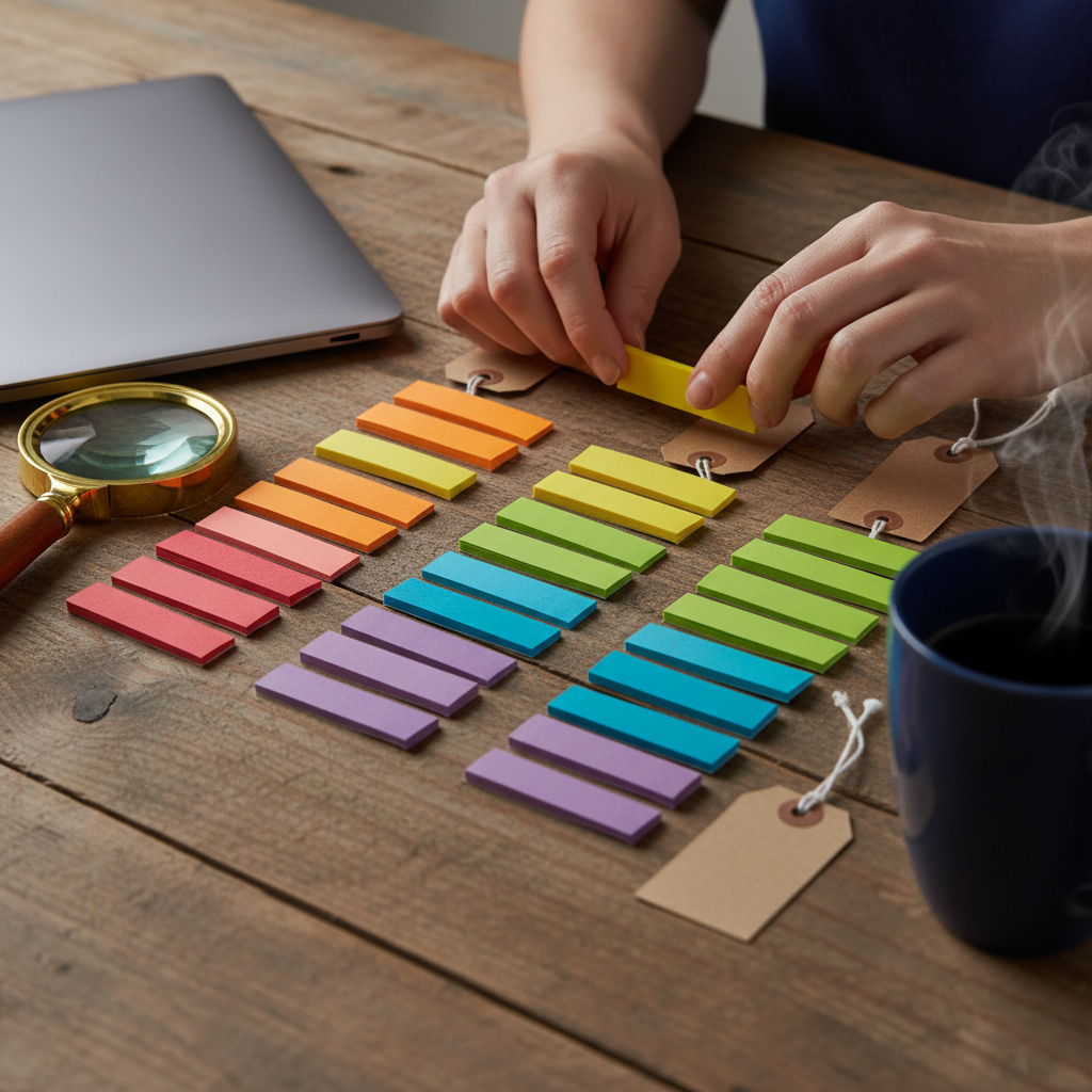 Close-up keyword research workflow with sticky notes and laptop, illustrating SEO keyword research steps and topic clustering