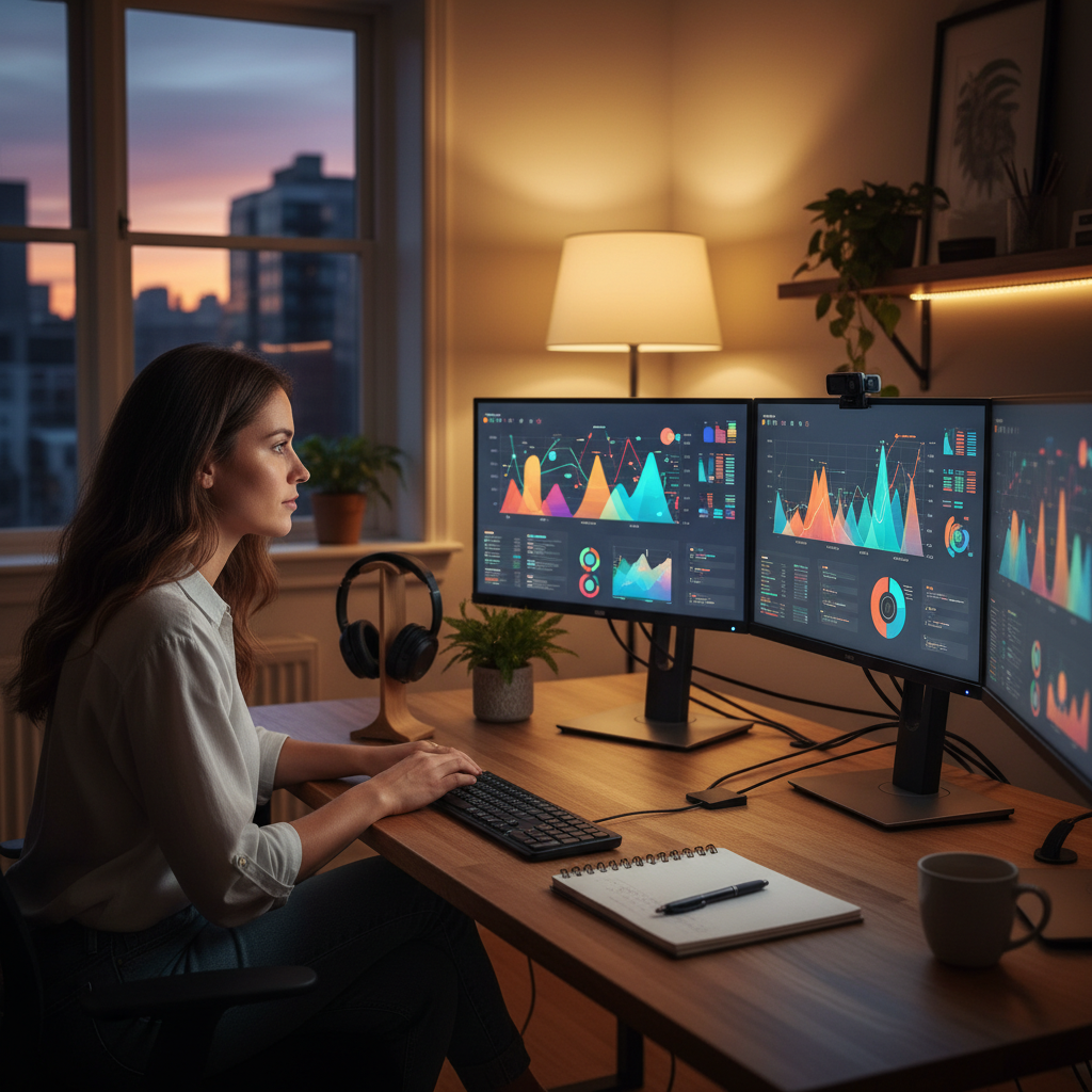 Side-angle home office scene showing an SEO specialist analyzing abstract analytics visuals related to keyword research and topic clusters