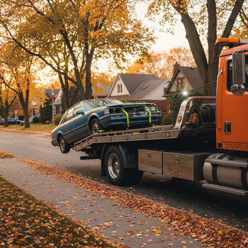 Tow truck loading an old sedan for scrap pickup in Toronto GTA