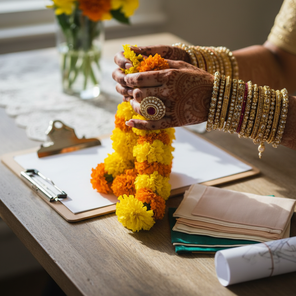 Detail shot of bridal mehndi hands with marigold garlands, planner tools, and color swatches for an Udaipur destination wedding checklist
