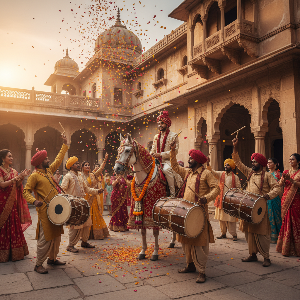 Lively Udaipur baraat procession entering a heritage courtyard with musicians and petals, planned via destination wedding checklist