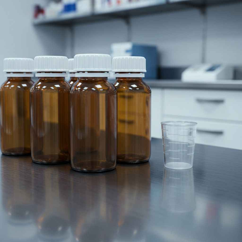 Close-up dosing setup with unlabeled medication bottles and a dosing cup used in an Ontario methadone clinic