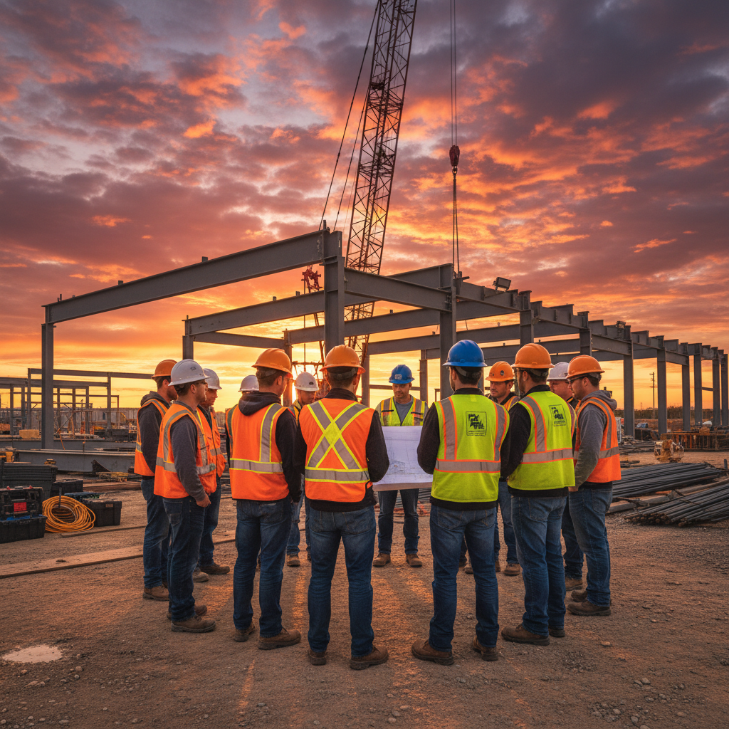 CMAR-led safety huddle at a Texas commercial jobsite with crane and steel framing, highlighting at-risk construction management field leadership