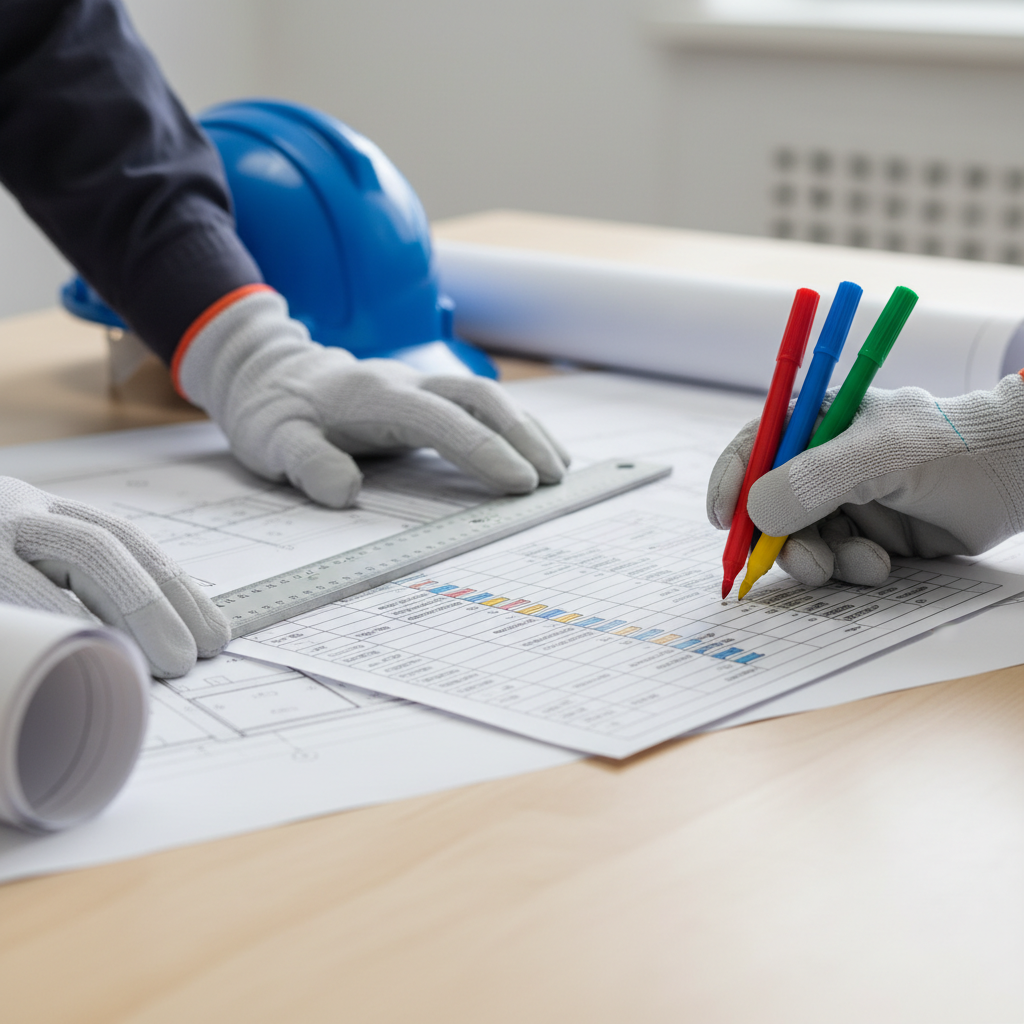 Close-up of CMAR team coordinating architectural drawings and phasing schedule for at-risk construction management in Texas