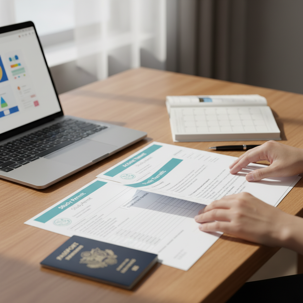 Close-up of hands organizing college transfer paperwork for student transfer from private to public college in Canada, including study permit, transcripts, and acceptance letter