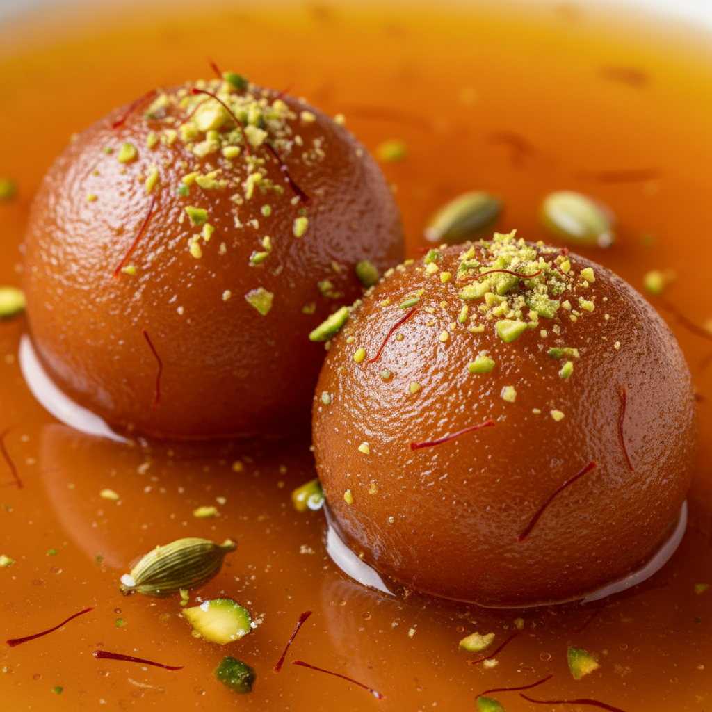 Gulab jamun close-up in saffron-cardamom syrup at a Punjabi sweets restaurant in Brampton