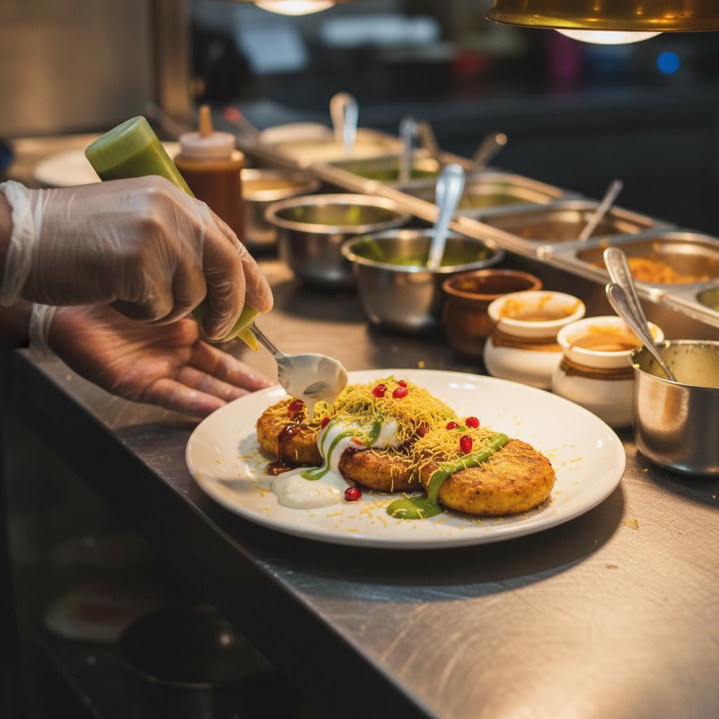 Chaat station plating aloo tikki chaat at The Mithai Maharaja in Brampton