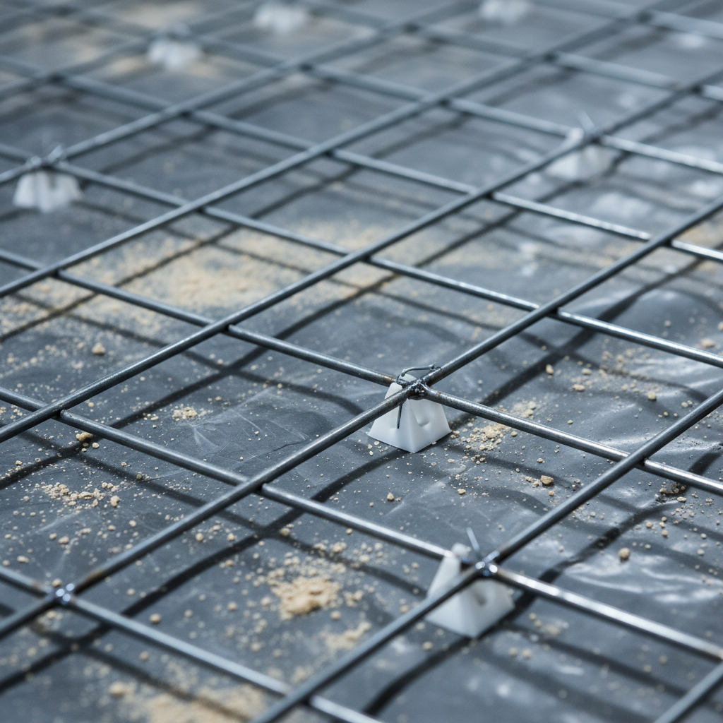 Close-up of 6x6 welded wire mesh reinforcement on vapor barrier showing welded intersections and proper cover chairs for mesh steel reinforcement