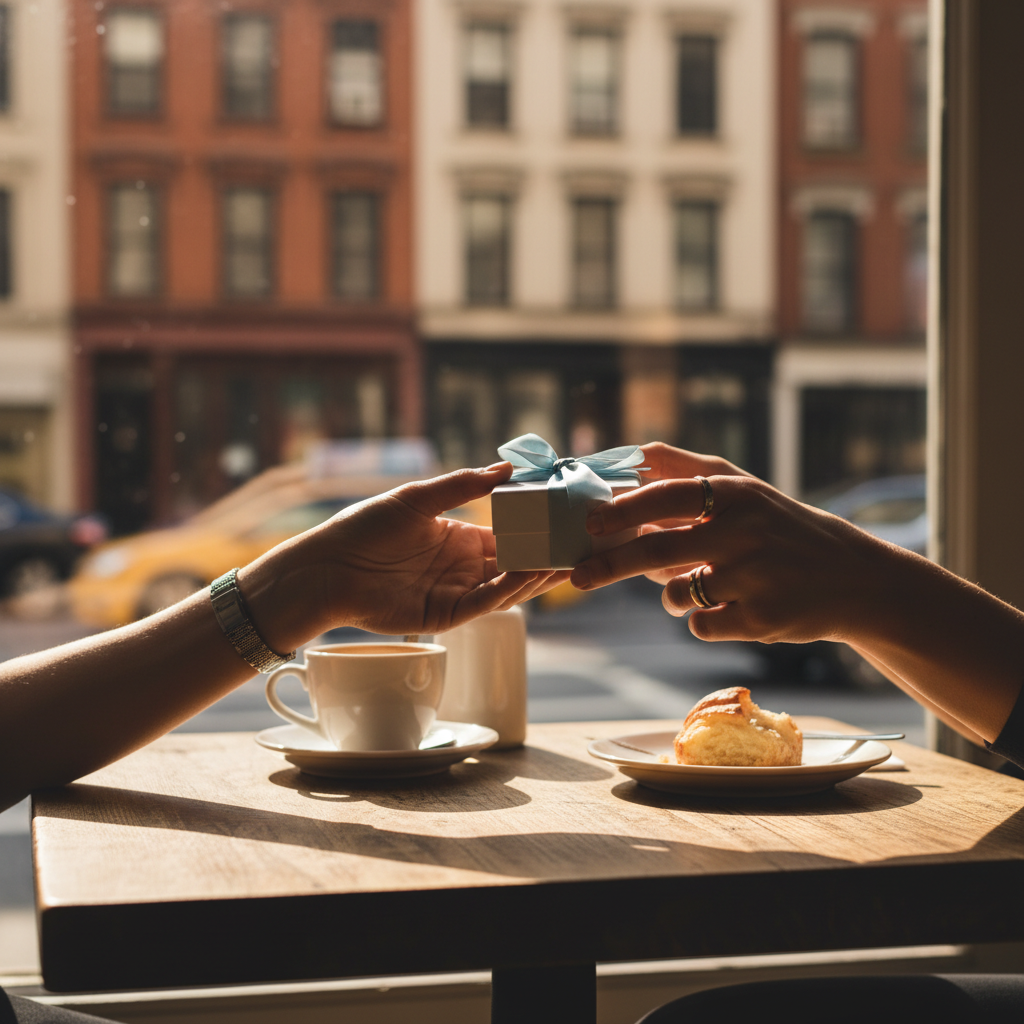 Hands exchanging a small jewelry gift box at a Manhattan cafe, perfect for jewelry gifts under $100