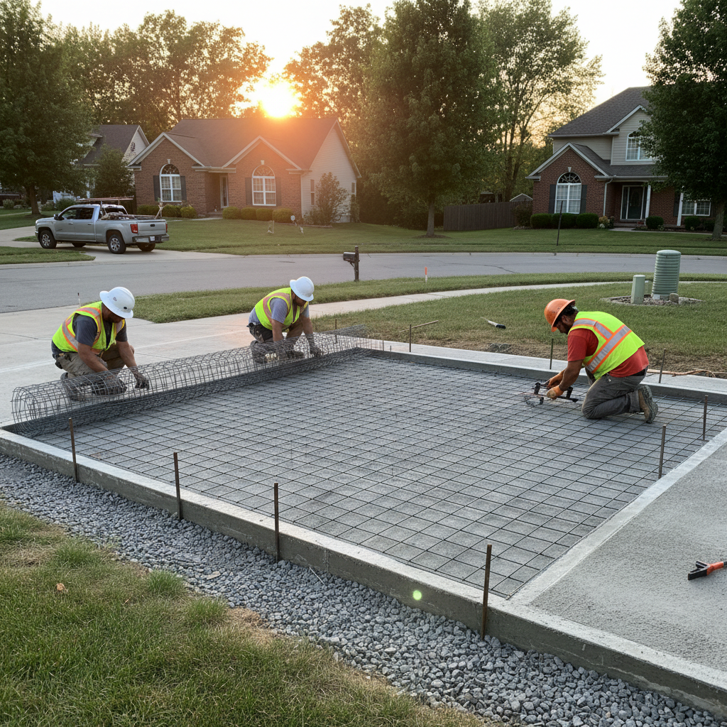 Crew unrolling welded wire mesh for a residential driveway reinforcement, aligning to perimeter rebar in a suburban Ontario setting