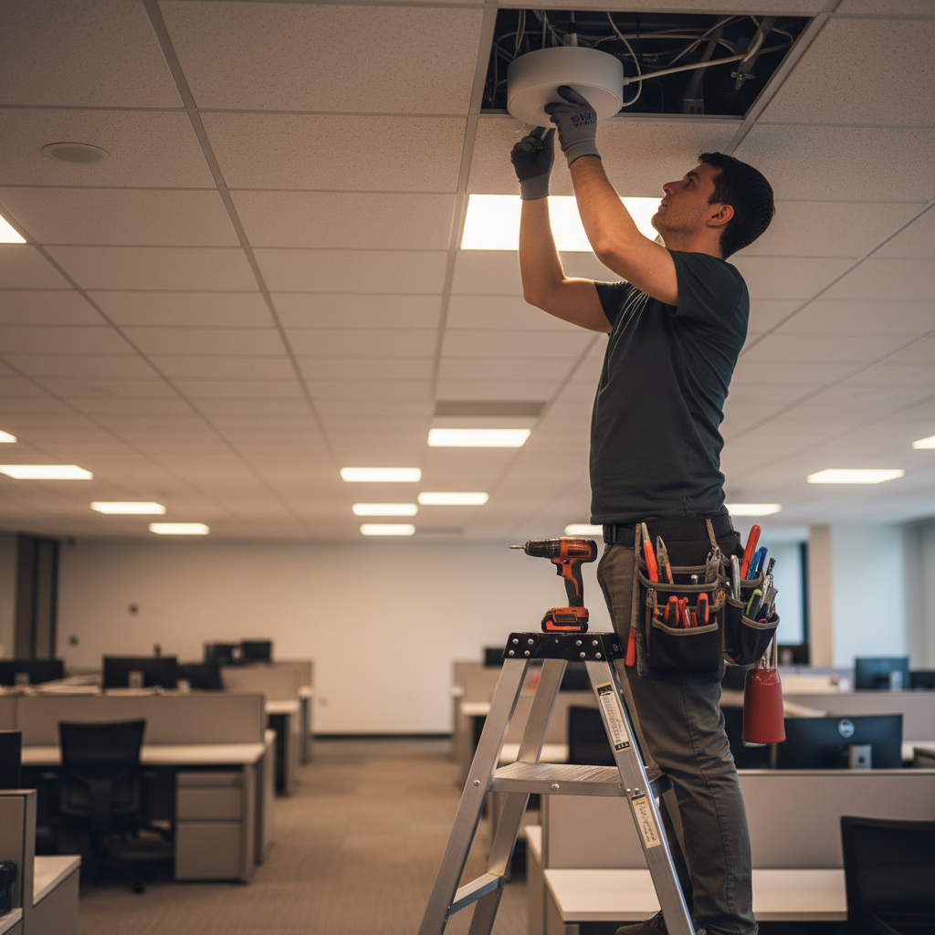 Engineer installing a wireless access point as part of managed IT services in London