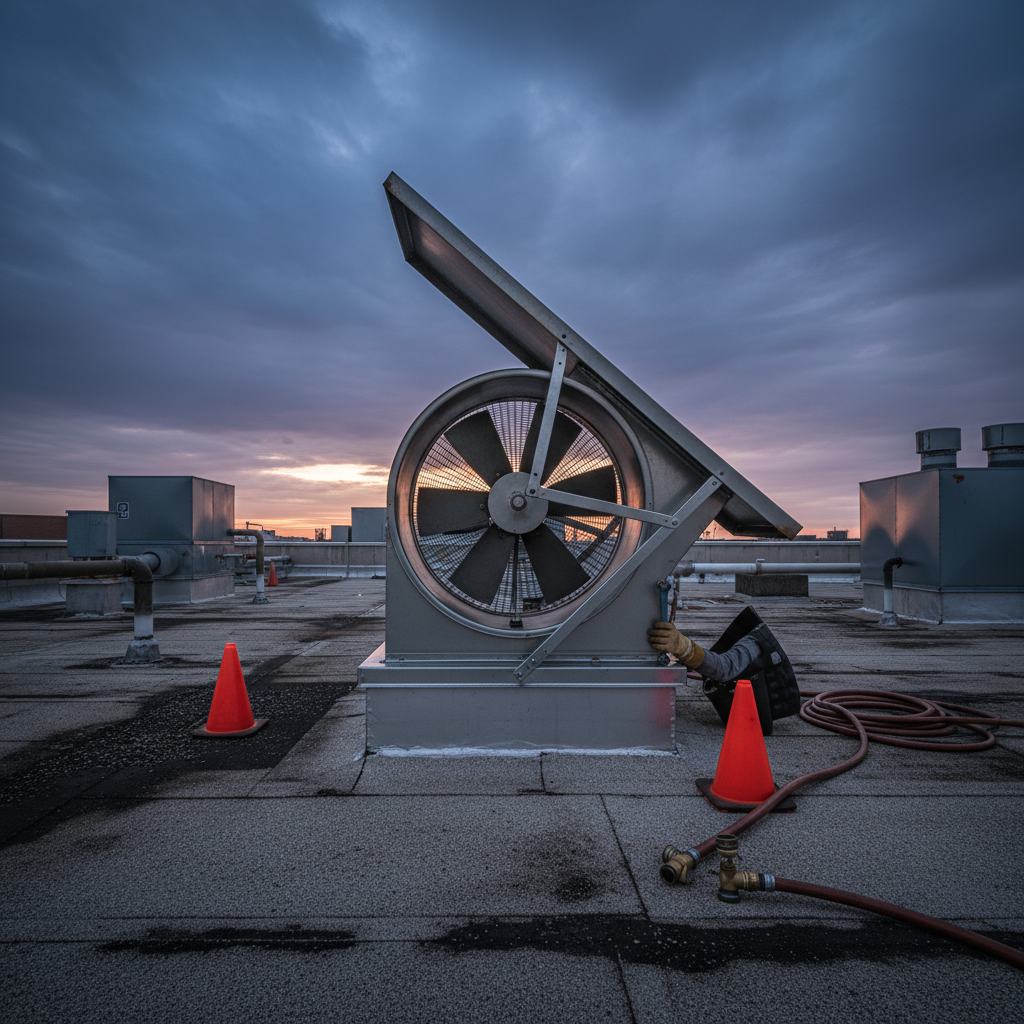 Rooftop upblast exhaust fan lifted on hinge kit during Ontario kitchen exhaust cleaning maintenance at dusk