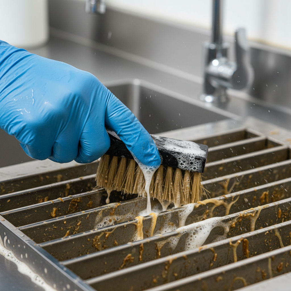 Close-up of stainless baffle filter hand-scrubbed during kitchen exhaust cleaning, grease lifting with degreaser in a commercial Ontario kitchen