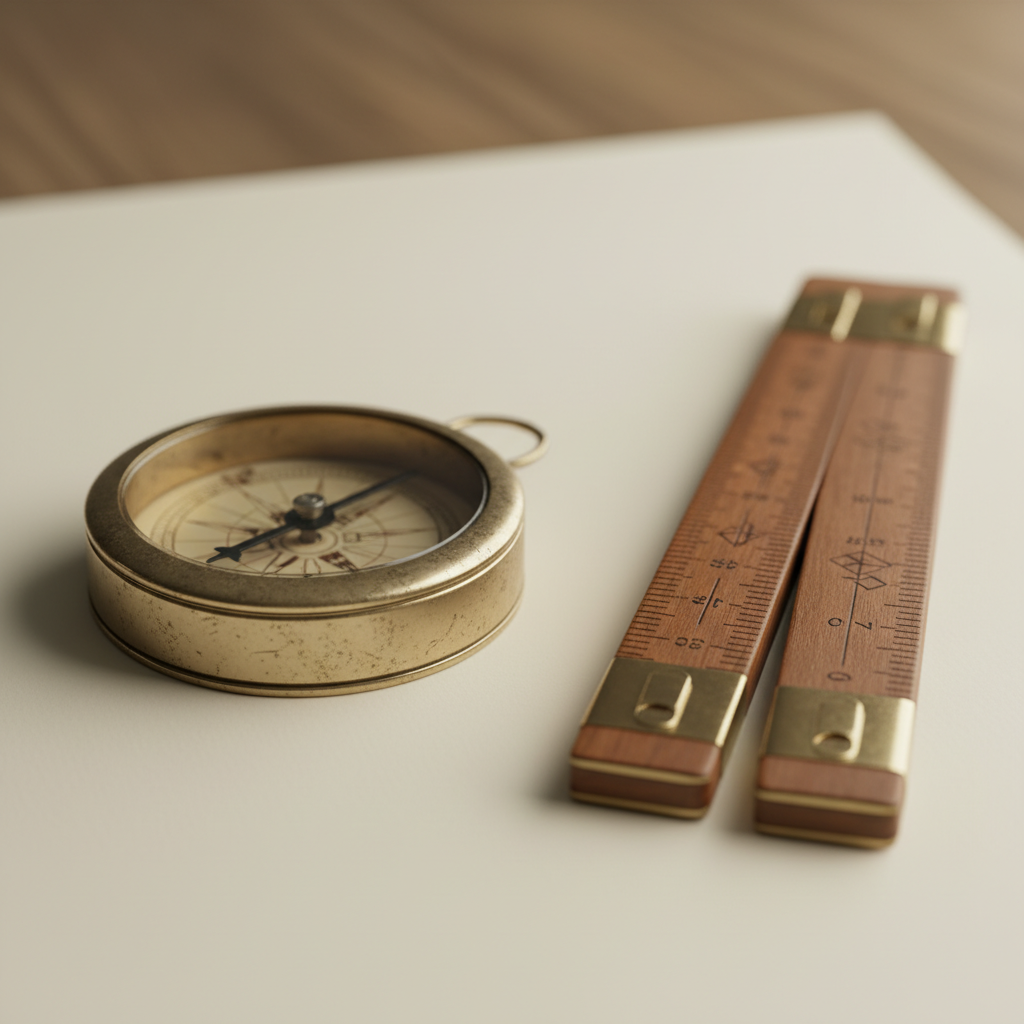 Close-up of compass and architect scale used for precise Vaastu dosh correction measurements in Brampton