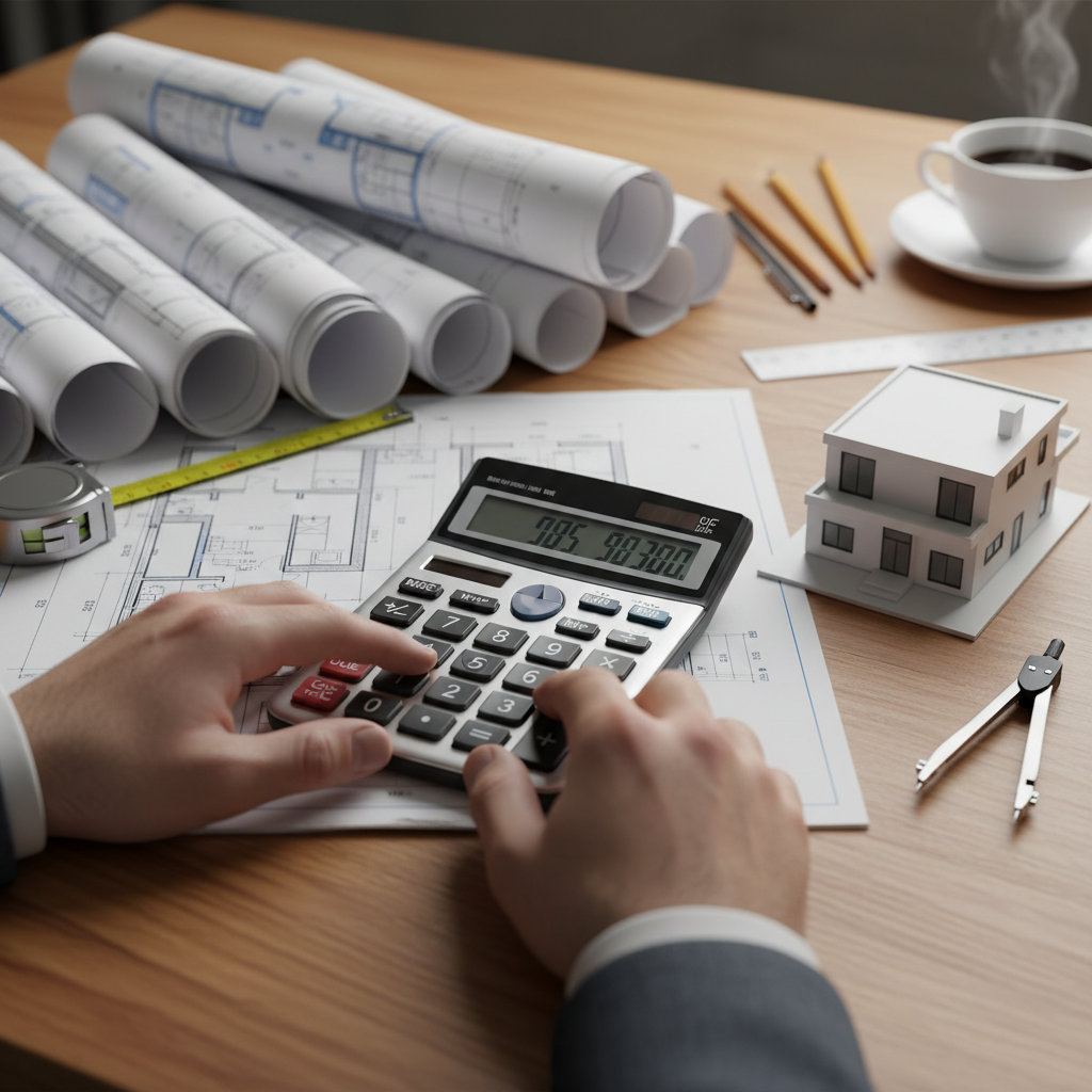Close-up of calculator, floor plans, and house model for real estate underwriting to avoid investment mistakes