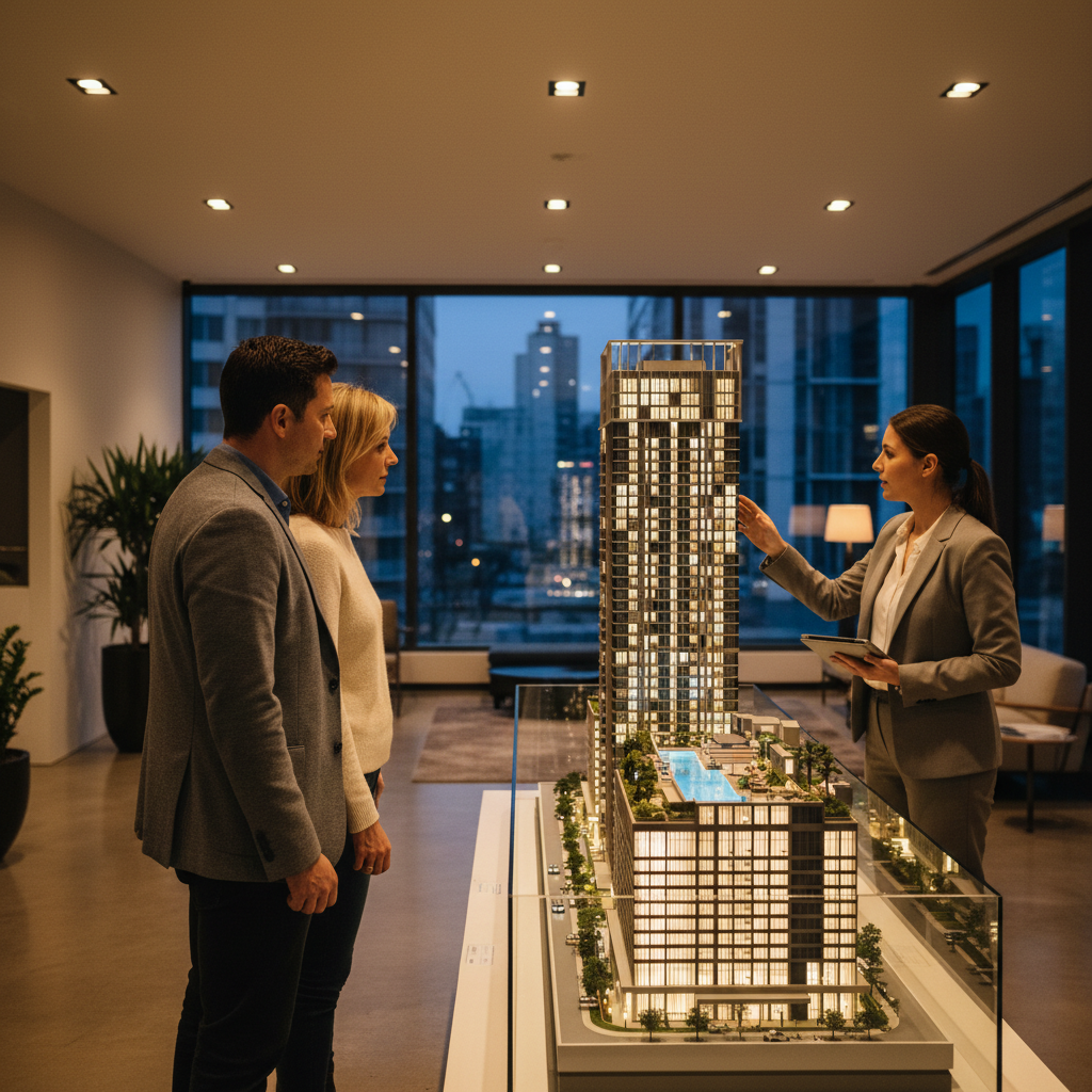Couple touring a condominium showroom with advisor explaining amenities, illustrating pre-construction due diligence to avoid investing mistakes