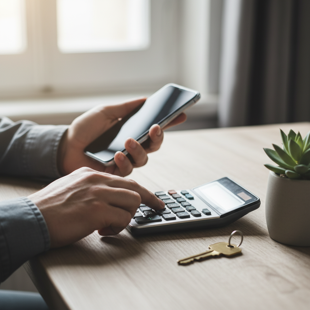 Close-up of hands using a calculator beside house keys, illustrating mortgage pre-approval tips for Mississauga buyers