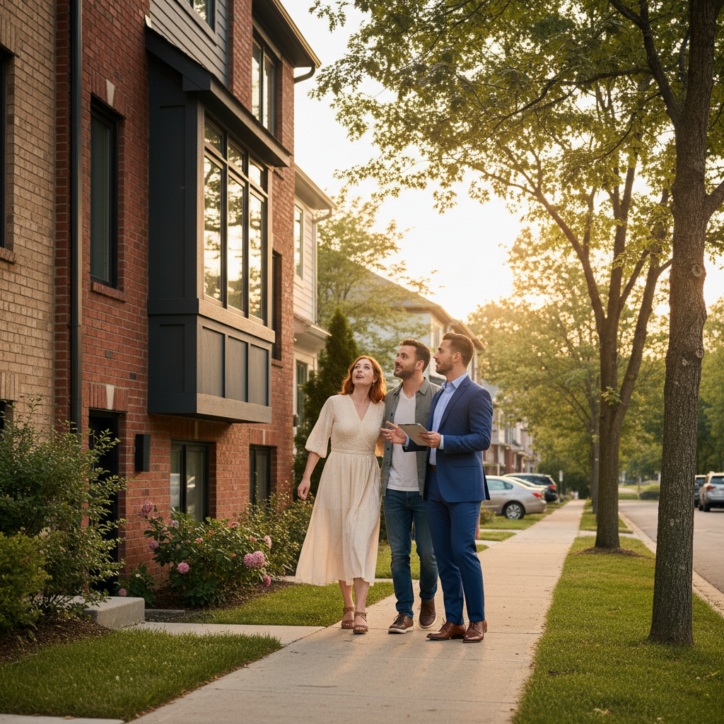 Couple touring a Mississauga townhouse with a realtor, ready to buy after mortgage pre-approval