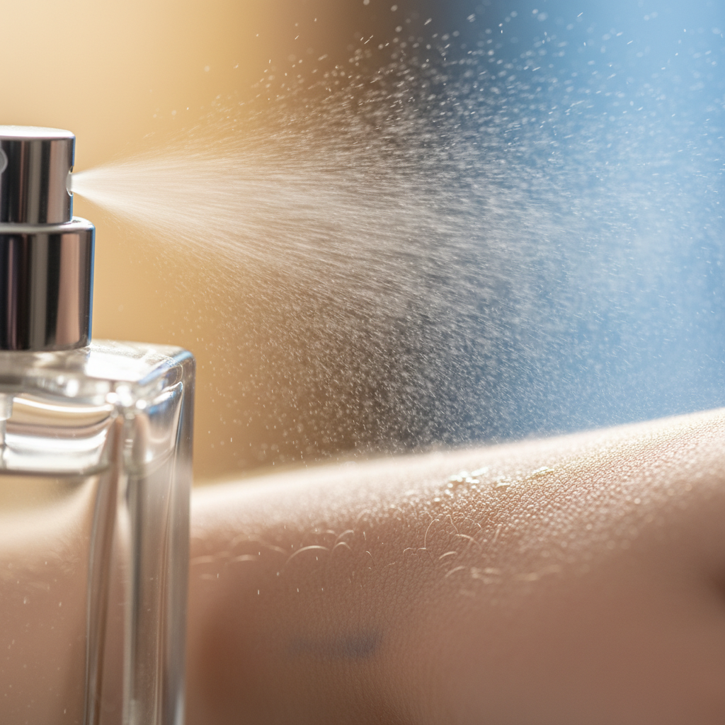 Close-up of perfume mist on wrist pulse point demonstrating how to apply long-lasting perfumes for better projection and wear