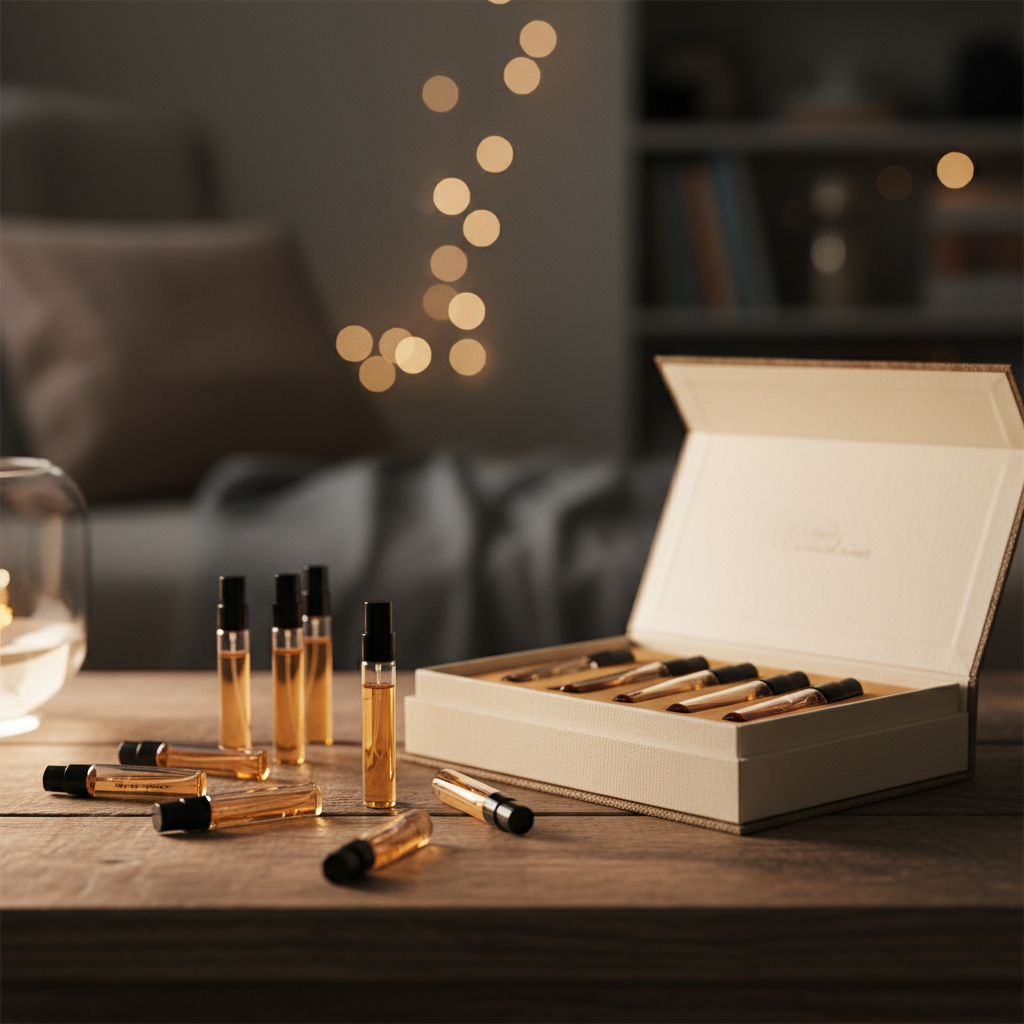 Travel-size perfume sample vials and a discovery set arranged on a table to test long-lasting perfumes in real life