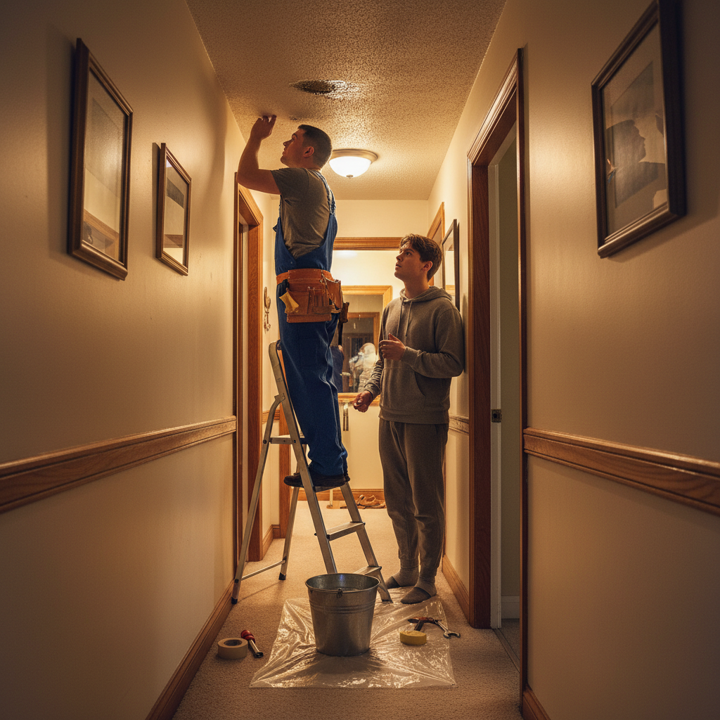 Apartment hallway scene showing minor leak assessment, a common scenario affecting renter insurance coverage decisions
