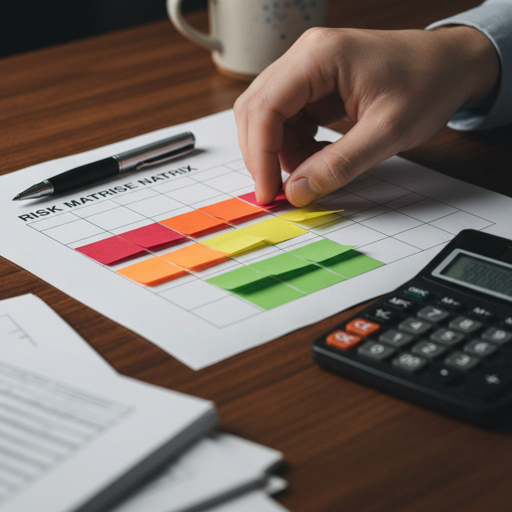 Close-up of a paper risk matrix and sticky notes illustrating PMI-RMP exam study guide planning