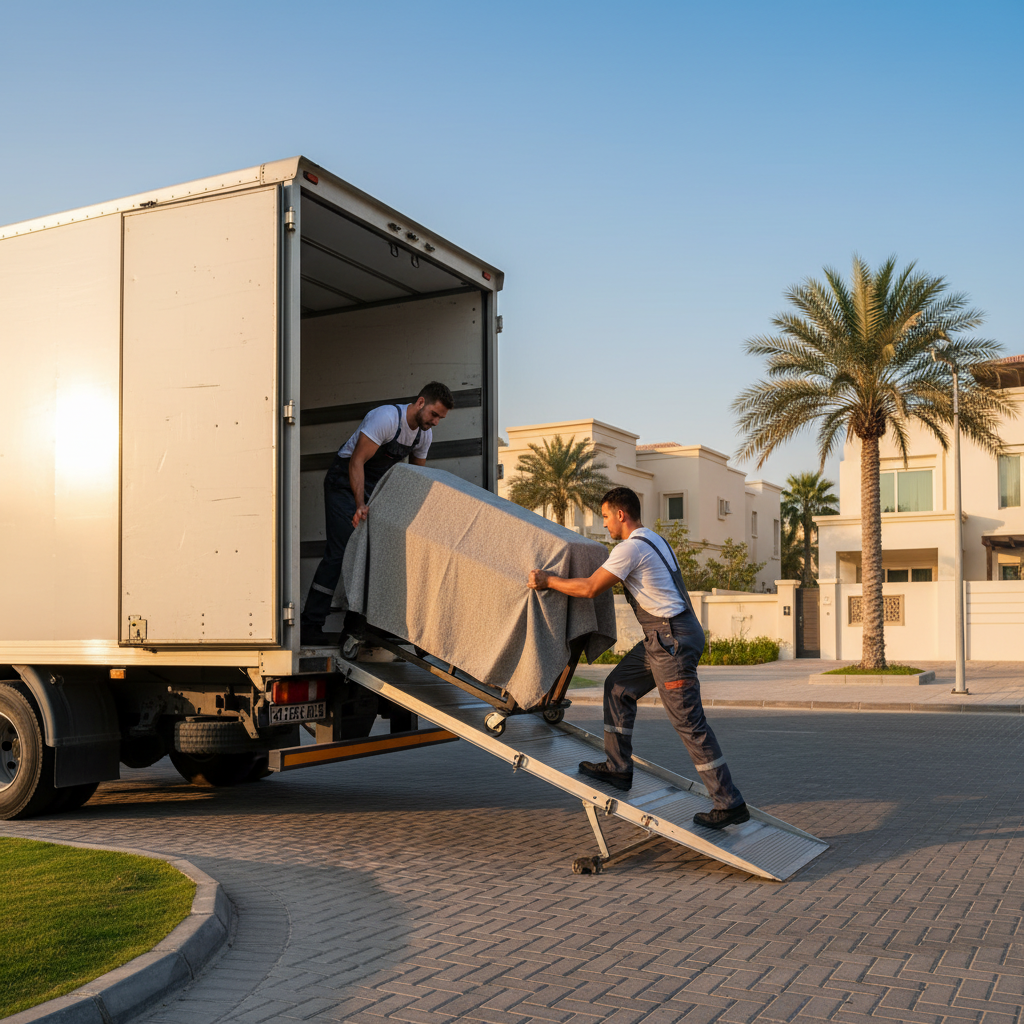 Side-angle scene of wrapped upright piano being loaded via ramp by piano movers in Dubai