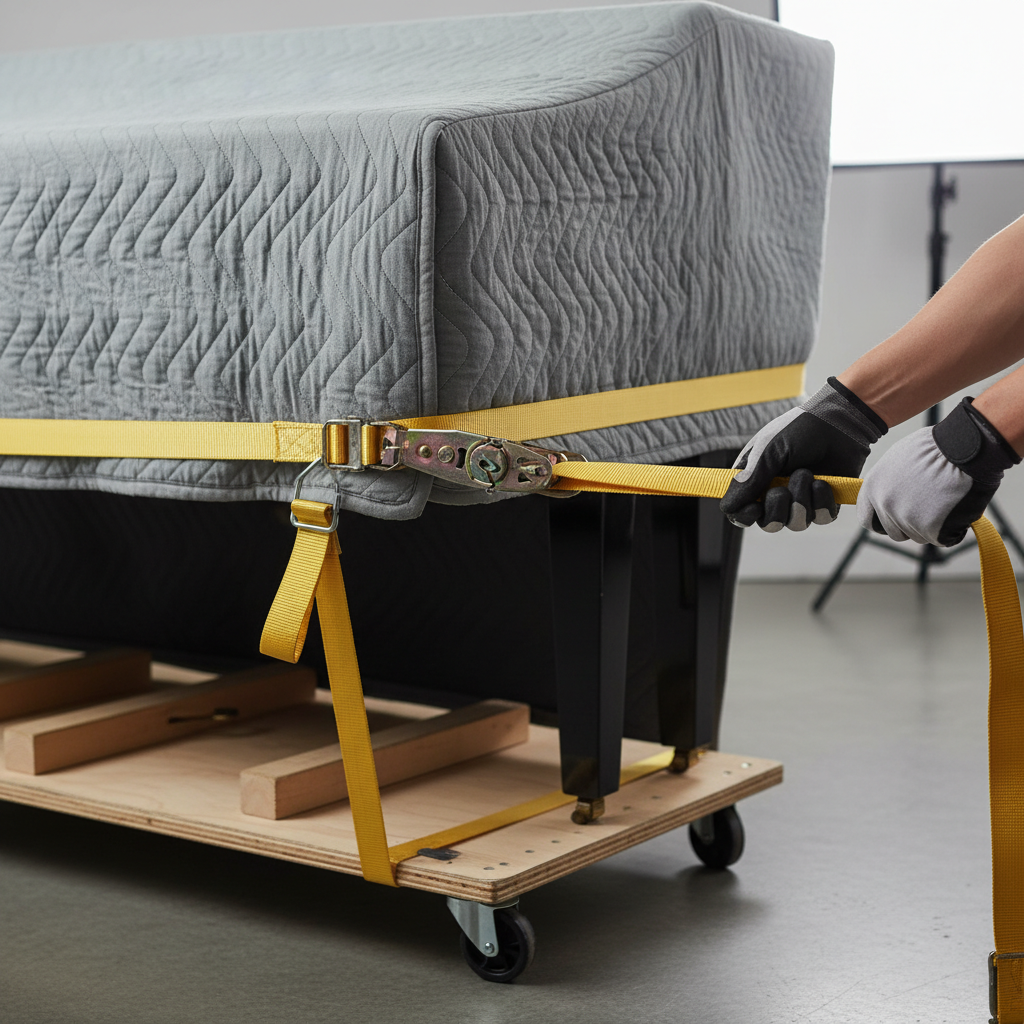 Close-up of straps and quilted blankets securing an upright piano by professional piano movers in Dubai