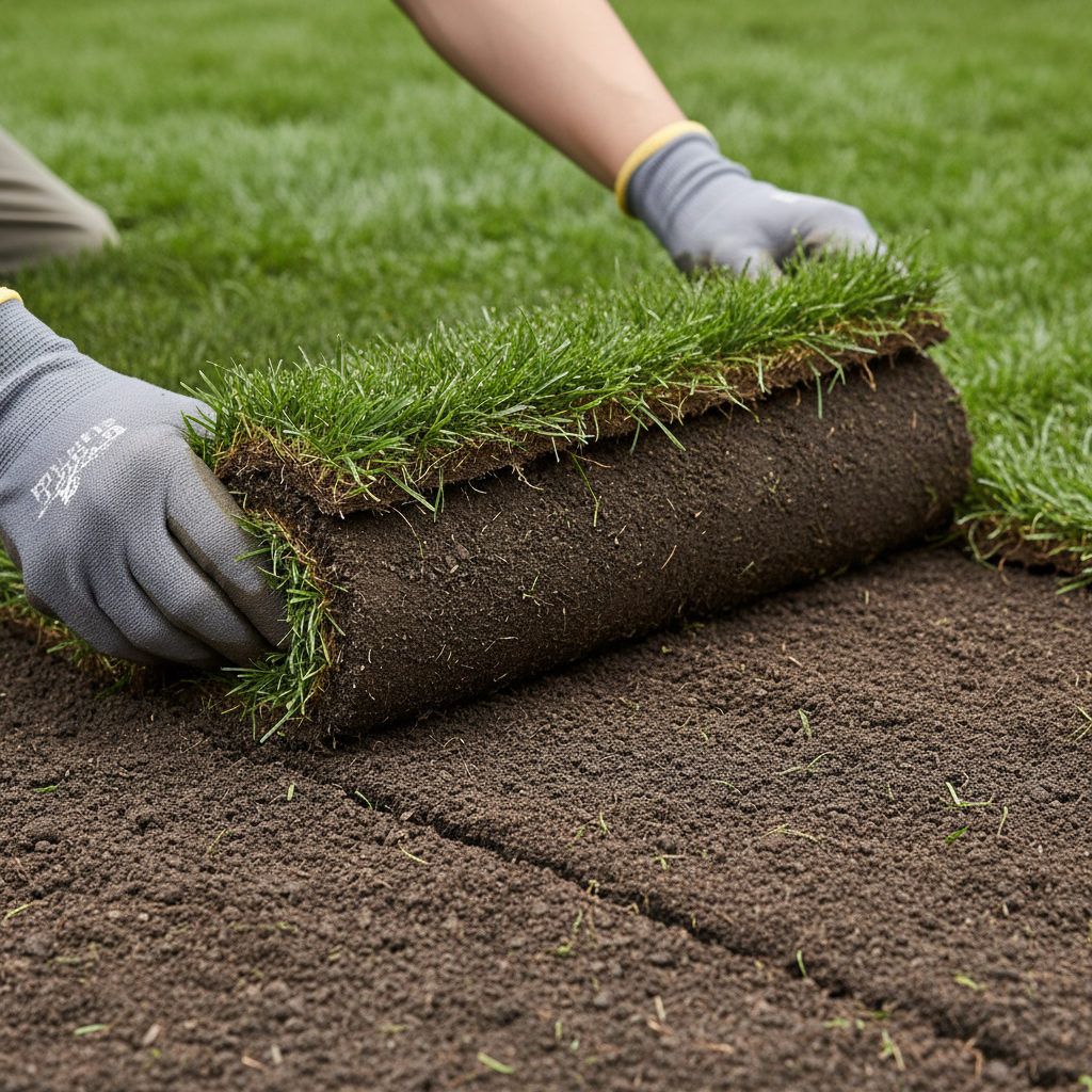 Close-up sod installation detail on graded soil in Mississauga showing tight seams and proper contact