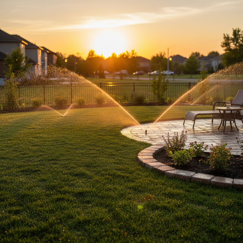 Evening sprinklers watering newly installed sod next to an interlocking patio in Mississauga