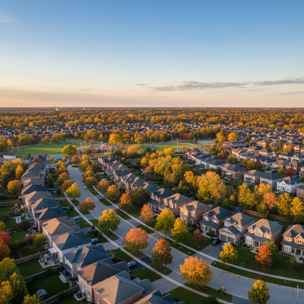 Aerial view of Canadian suburban homes at golden hour illustrating nationwide property search context