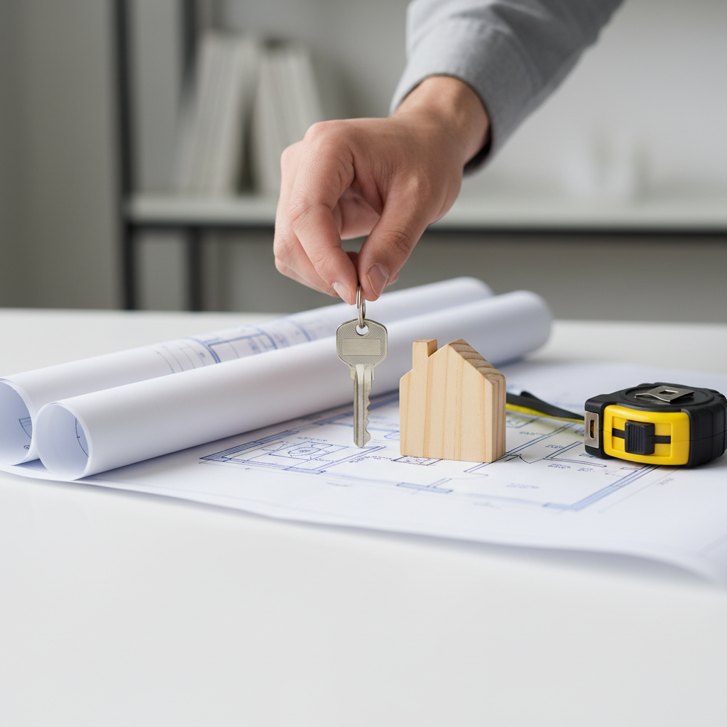 Close-up of keys and a small house model next to a floor plan, representing tools and documents used during property search in Canada