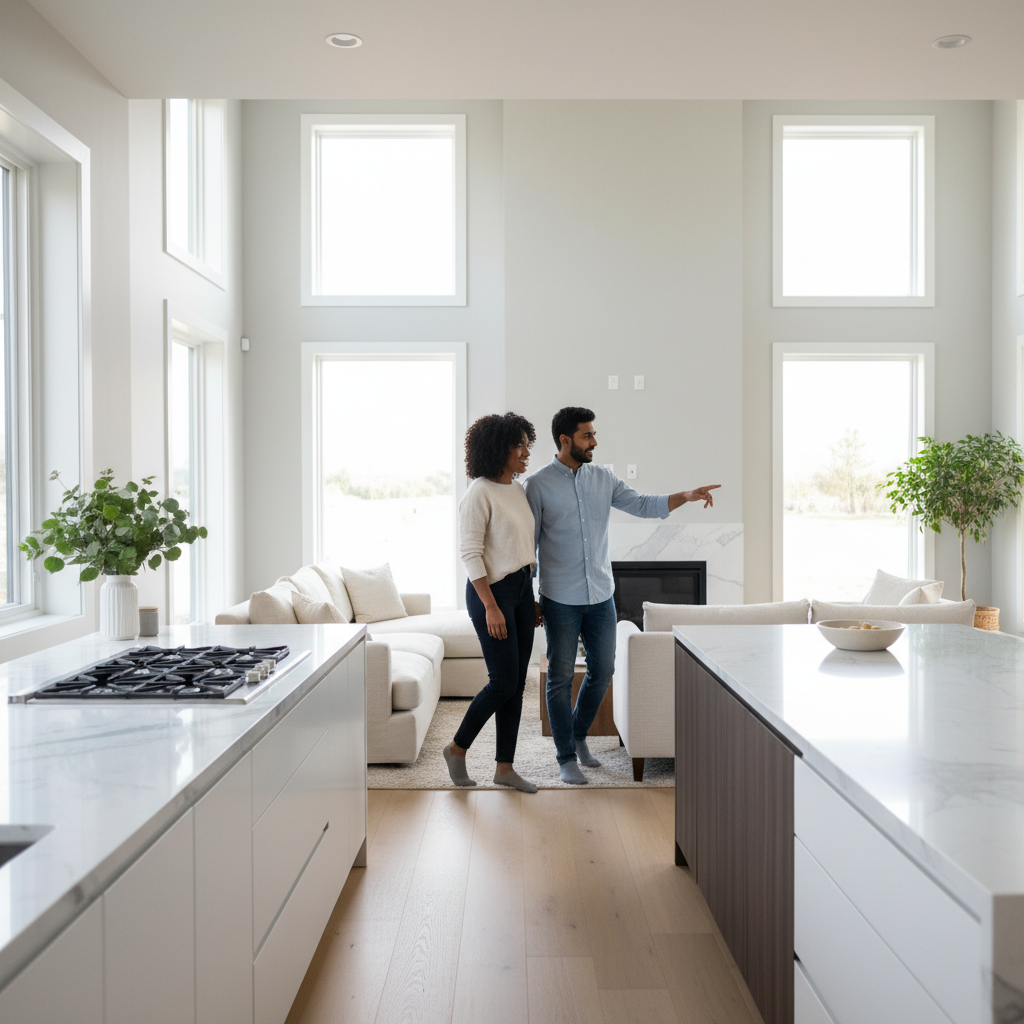 Modern open-concept home being toured during a scheduled viewing on a real estate platform
