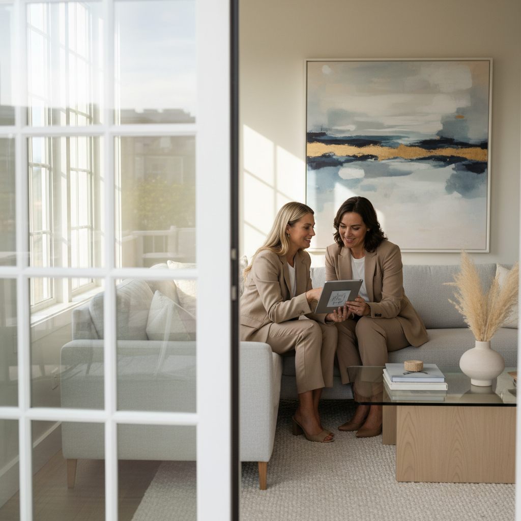 Agent meeting Brampton homeowners to review a seller report checklist and pre-listing plan on a tablet in a staged living room