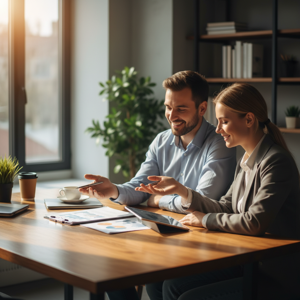 Side-angle photo of a Sydney small business owner meeting an accountant to review financial statements and dashboards