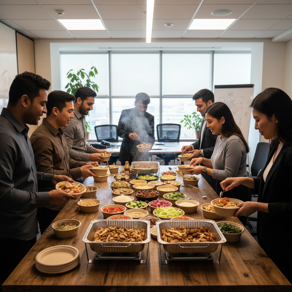 Office team in Toronto building custom shawarma bowls from catered buffet